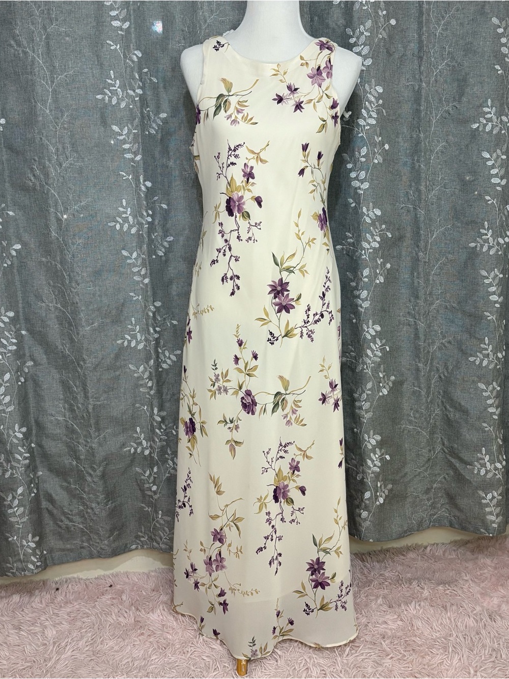 Ronni Nicole Cream Maxi Dress with Purple Floral Motif